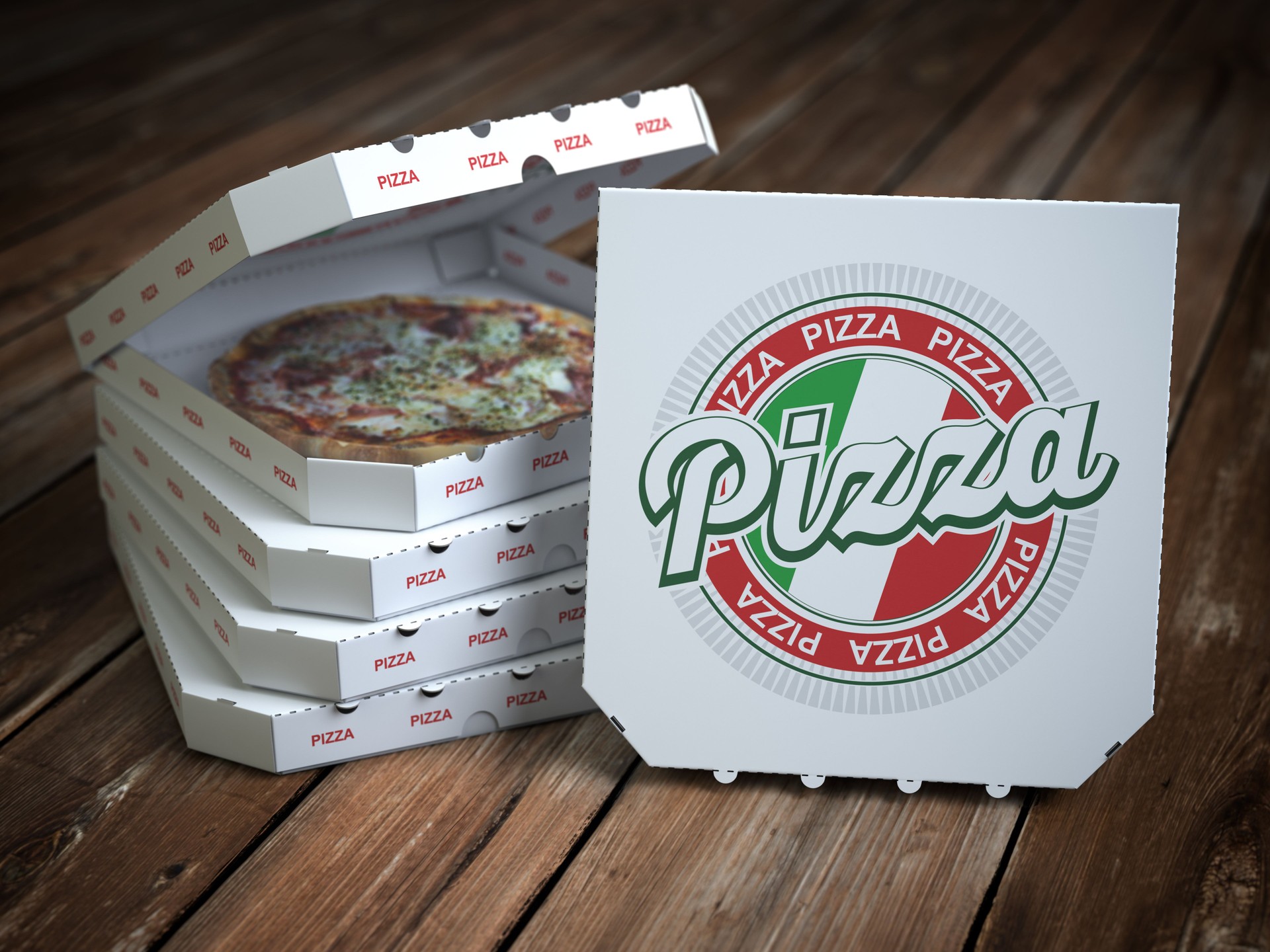 Pizza boxes  with pizza on vintage wooden planks.